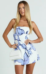 Catharine Mini Dress - Strapless A Line Dress In Blue Floral