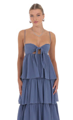 Chiffon Front Tie Ruffle Dress in Denim Blue