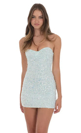 Sequin Strapless Bodycon Dress in Seafoam Blue