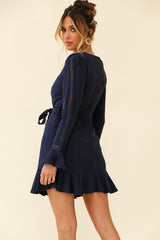 Gardenia Long Sleeve Frill & Crochet Trim Dress Navy