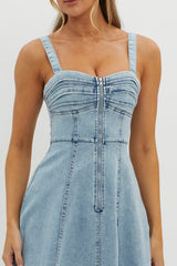 Emilio Pleated Bust A-Line Midi Dress Denim Blue