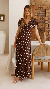 Rayne Maxi Dress - Brown/White Polka