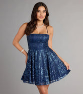 Thea Sequin Lace-Up Skater Dress