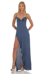 Satin Ruffle Maxi Dress in Blue