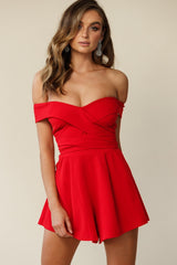Crossroads Bardot Neckline Wrap Torso Romper Red