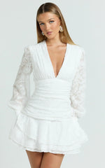 Bijou Mini Dress - Embroidery Long Sleeve Dress in White