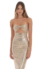Sequin Bow Cutout Maxi Dress in Gold