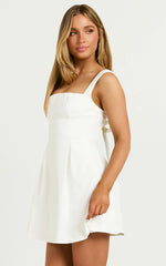 Ida Mini Dress - Wide Strap Straight Neck  Bow Back Dress In White