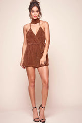 Shae Shimmery V Neck Romper Rust
