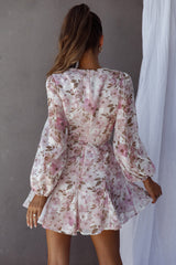 Estelle Long Sleeve V-Neckline Dress Watercolor Floral Print Rose