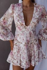 Estelle Long Sleeve V-Neckline Dress Watercolor Floral Print Rose