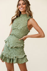 Osiris Sleeveless High Neck Lace Dress Olive