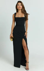 Donna Maxi Dress - Cowl Neck Column High Split Dress in Black