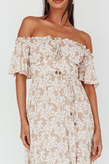 Voyager Off-Shoulder Bell Sleeve Midi Dress Floral Blush
