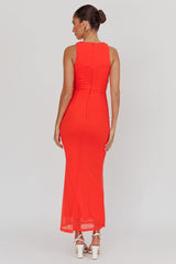 Piece Of Heaven Sleeveless Keyhole Mesh Maxi Dress Red
