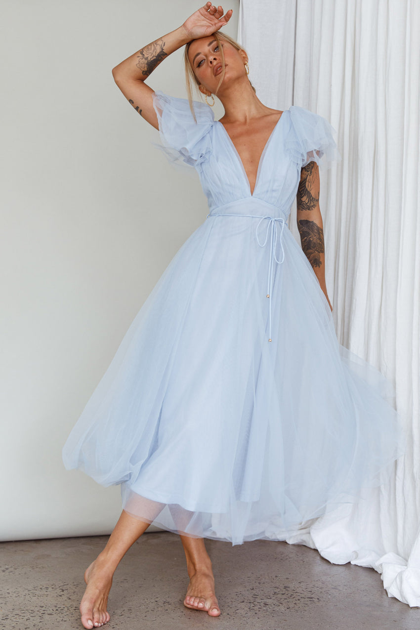 Leap Of Faith Frill Shoulder Tulle Midi Dress Blue