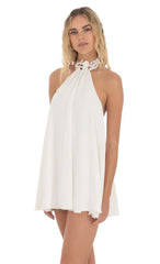 Embroidered Mock Neck Dress in White
