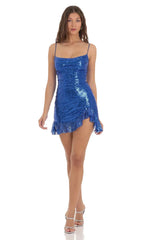 Sequin Cowl Neck Dress in Blue