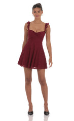 Lace Ruffle Strap A-Line Dress in Burgundy