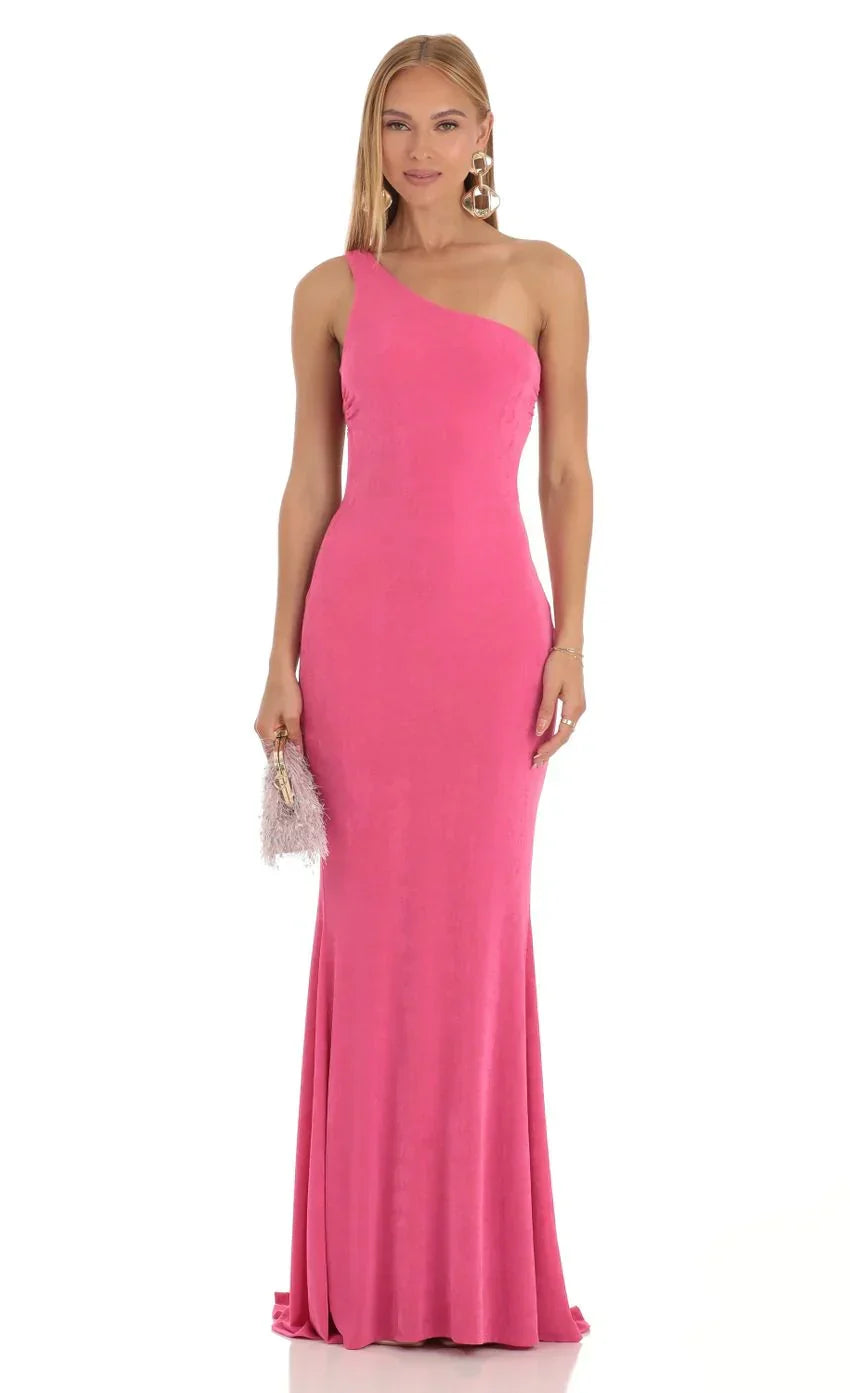 One Shoulder Maxi Dress in Pink