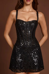 Embellished Peekaboo Corset A-Line Mini Dress in Black Zebra